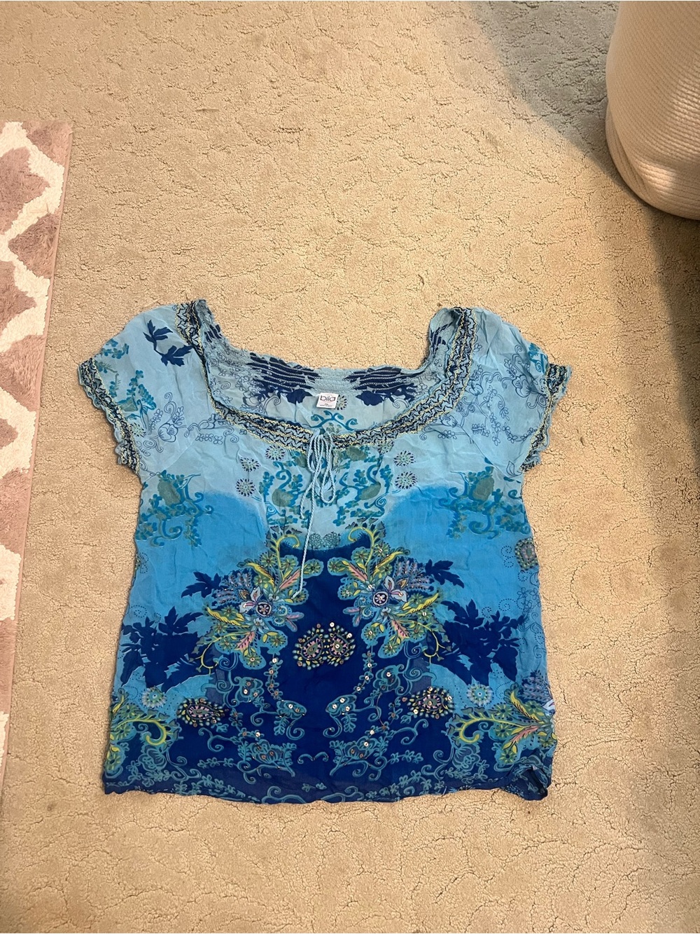 Bila Blue Sequin and Mesh short sleeve Top